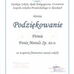 Powiększ zdjęcie Podziękowanie firmie Fenix Metals sp z o.o